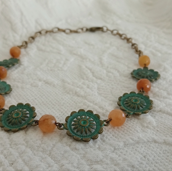 Handcrafted Green Verdigris Medallion Necklace Orange Carnelian Gemstone Beads - Picture 5 of 6